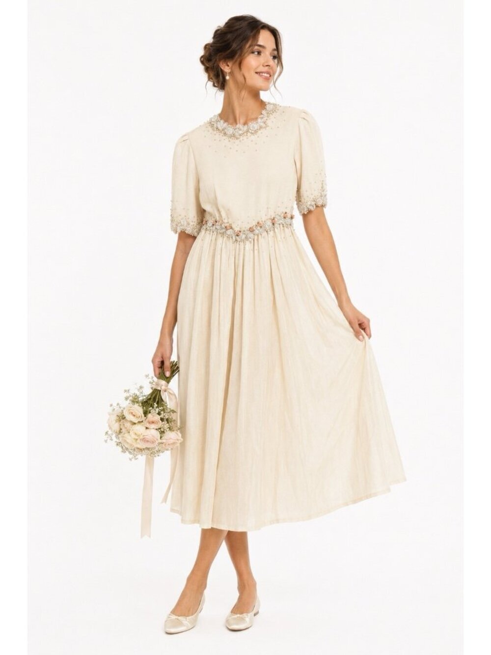 vintage WEDDING BRIDAL DRESS XS non traditional storybook romantic beaded